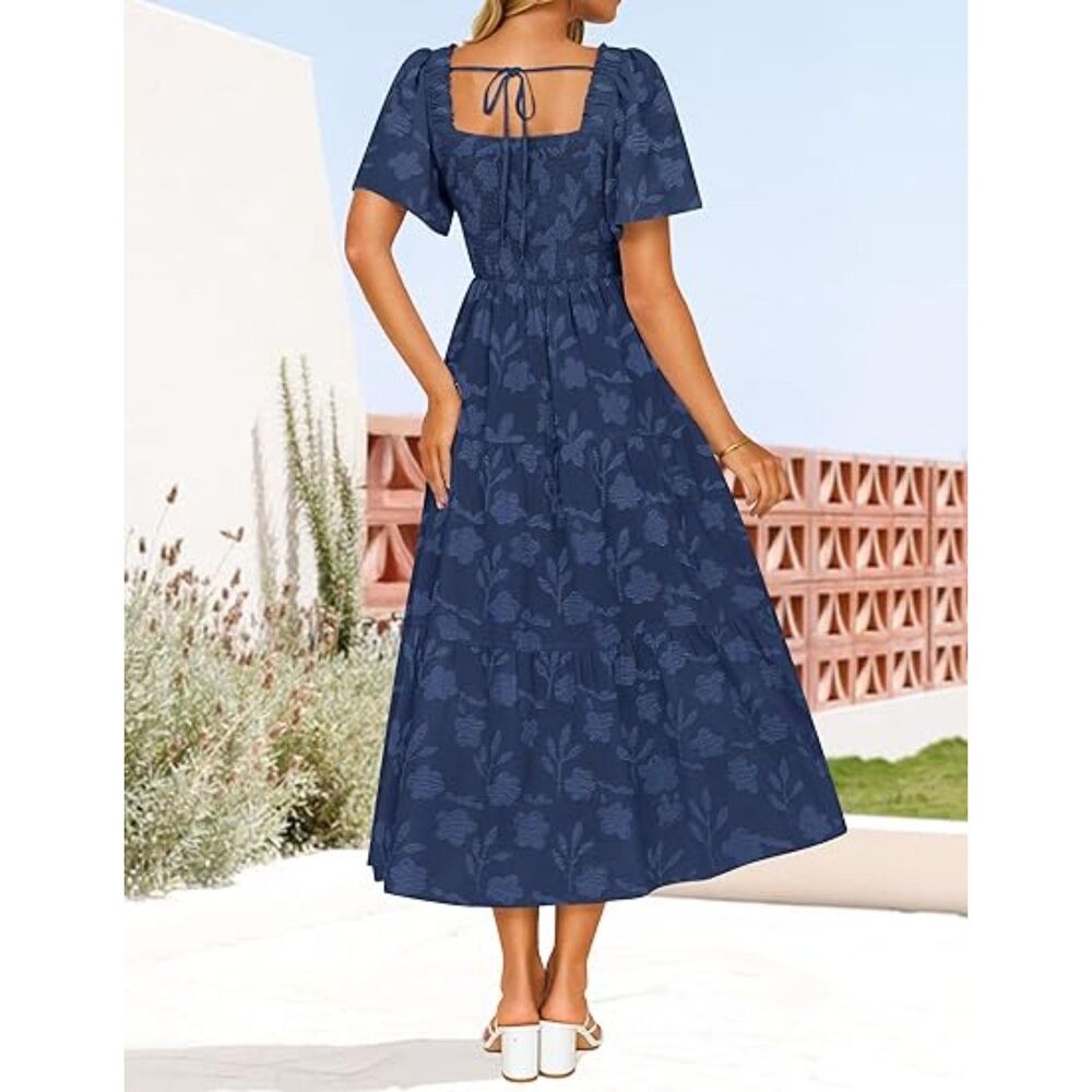 Women's Navy Polyester Square Neck A Line Short Sleeve Casual Classic Midi Dress